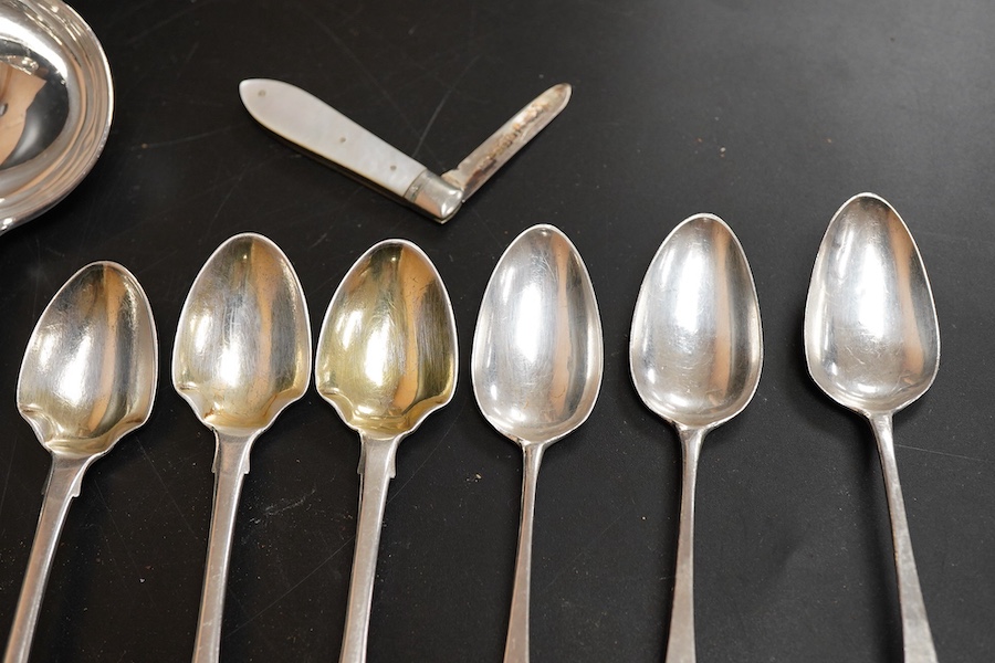 A pair of Edwardian silver Old English pattern sauce ladles, by Daniel & John Welby, London, 1901, 17.3cm, together with seven other items of silver flatware including a fiddle pattern table spoon, London, 1845 and a mot